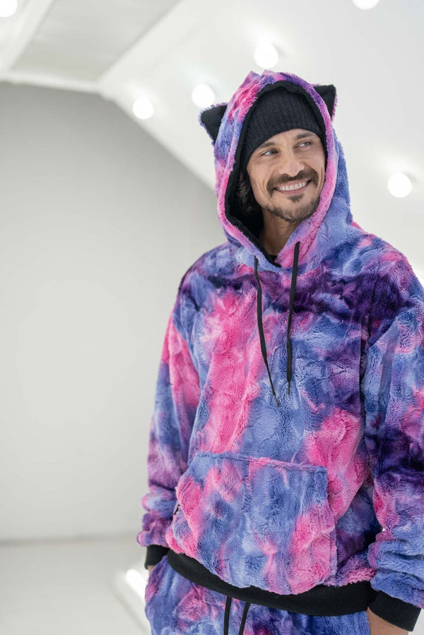 Lumignon Big Fur knit hoodie ネイビー×ピンク Oversized hoodie with fox fur in pink