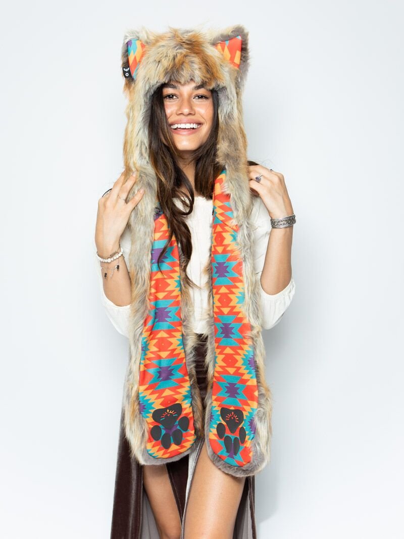 Woman wearing Desert Sunrise Fox CE Faux Fur SpiritHood, front view