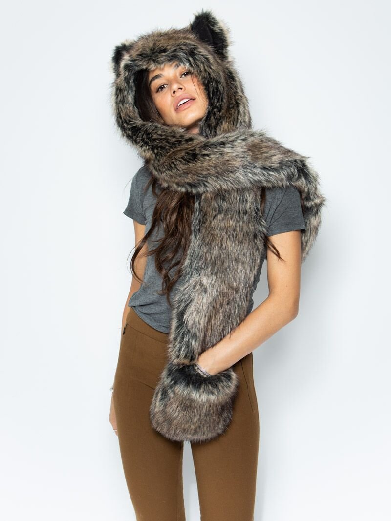 Woman wearing Dire Wolf Faux Fur Hood, front view