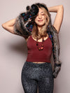 Woman wearing faux fur Direwolf CE SpiritHood, front view 1