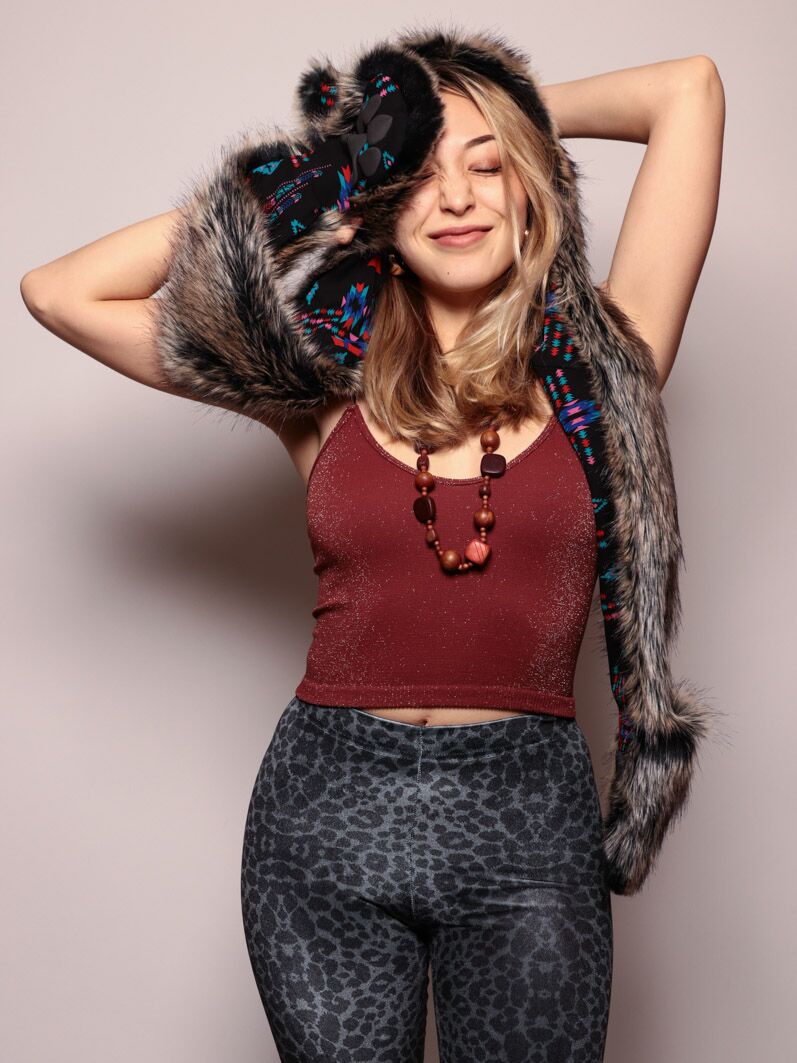 Woman wearing faux fur Direwolf CE SpiritHood, front view 1