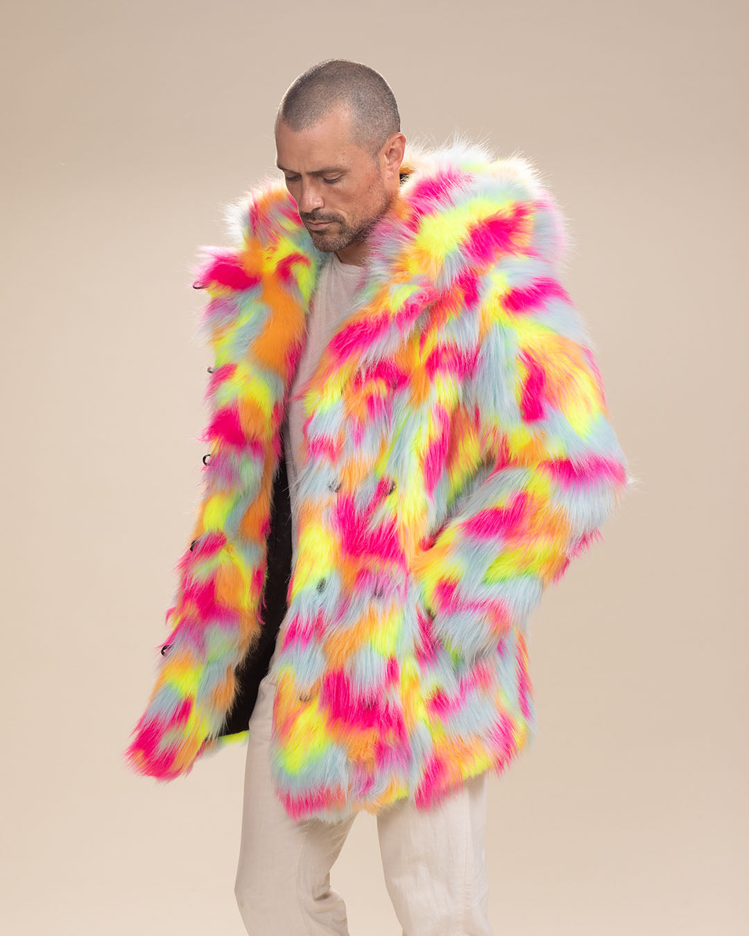 Neon Calico Cat Hooded Collector Edition Faux Fur Coat | Men&#39;s