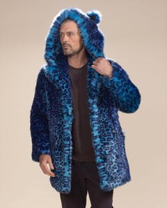 Men's Faux Fur Coat with Hood | Electric Blue Lynx - SpiritHoods