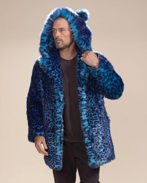 Men's Faux Fur Coat with Hood | Electric Blue Lynx - SpiritHoods