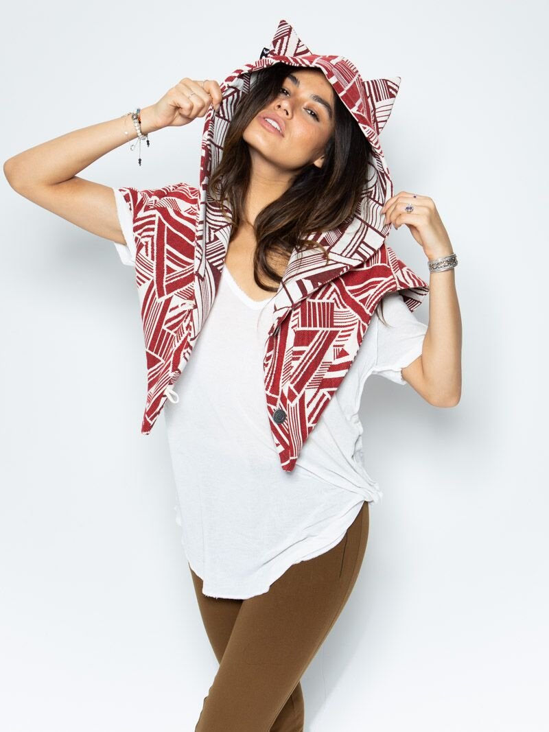 Woman Wearing LE Wild Wolf Fabric Shawl SpiritHood 