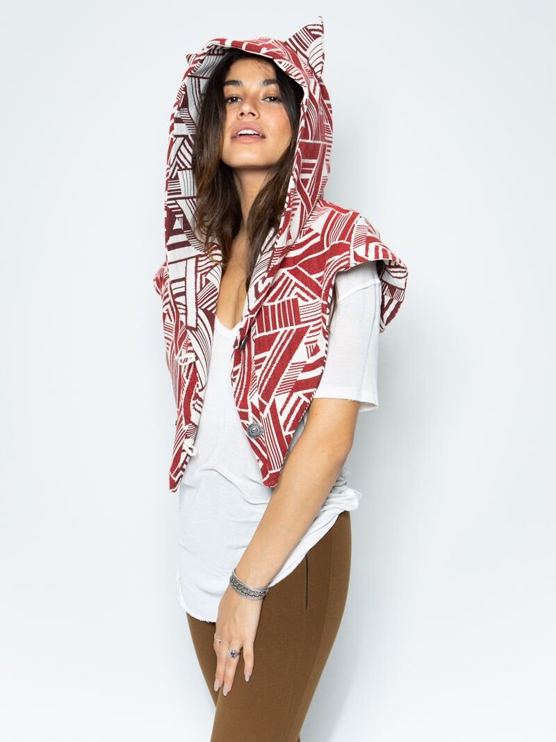 White and Red LE Wild Wolf Fabric Shawl on Female
