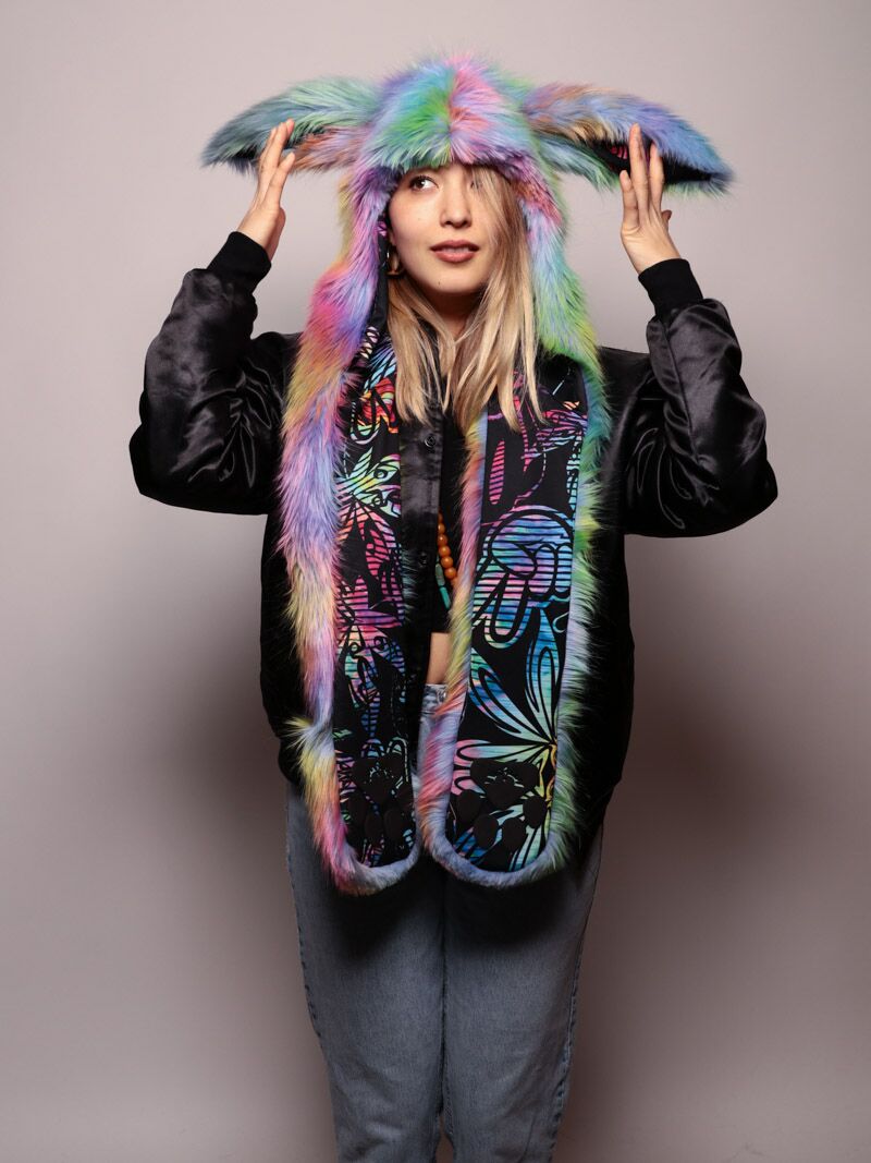 Woman wearing faux fur Fair Bunny CE SpiritHood