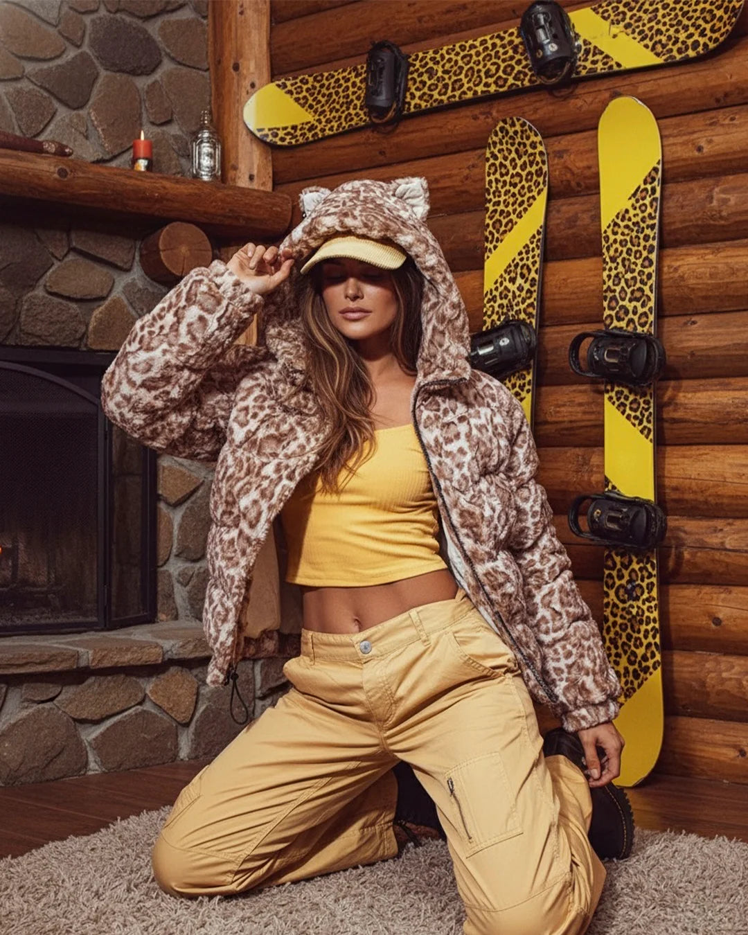 Woman wearing spirithoods Hooded Puffer Jacket in tan leopard print, while posing in a cabin with animal print skis on the walls. The faux fur puffer jacket in leopard print has the hood up, showing SpiritHoods classic ears on the top of the hood. SpiritHoods Puffer Jackets are made for the snow and always 100% vegan. 