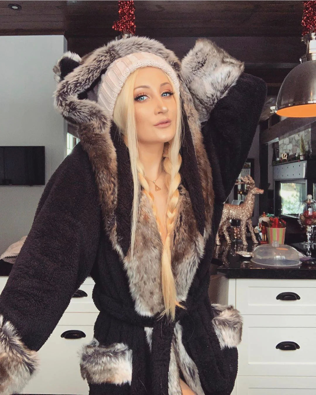 Woman wearing Grey Wolf Classic Faux Fur Robe. front view 1