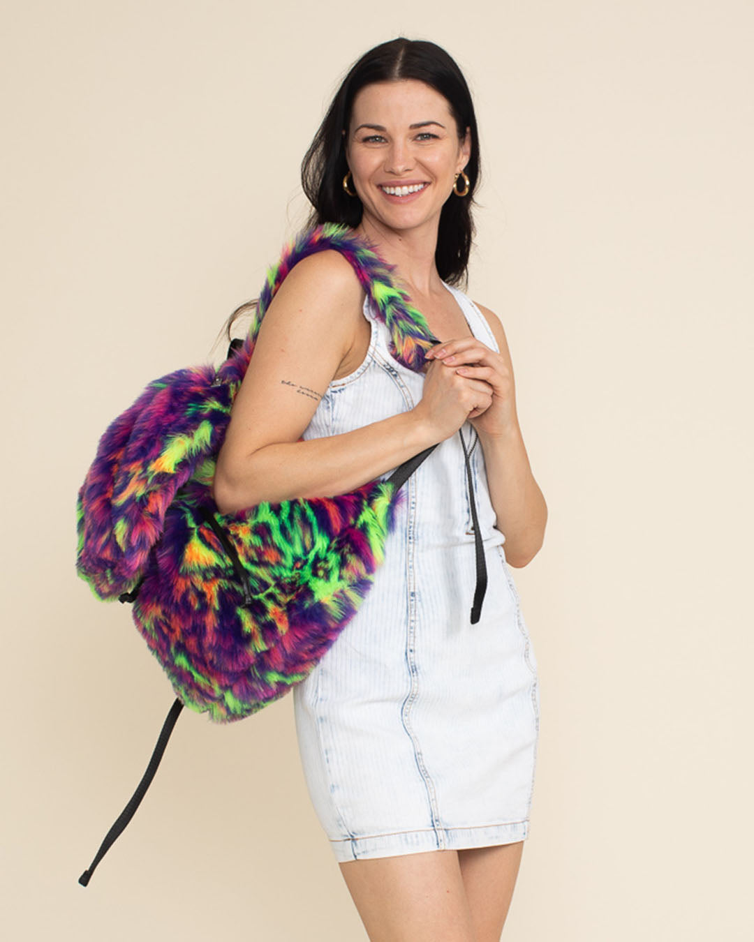 Neon Disco Kitty Faux Fur Backpack