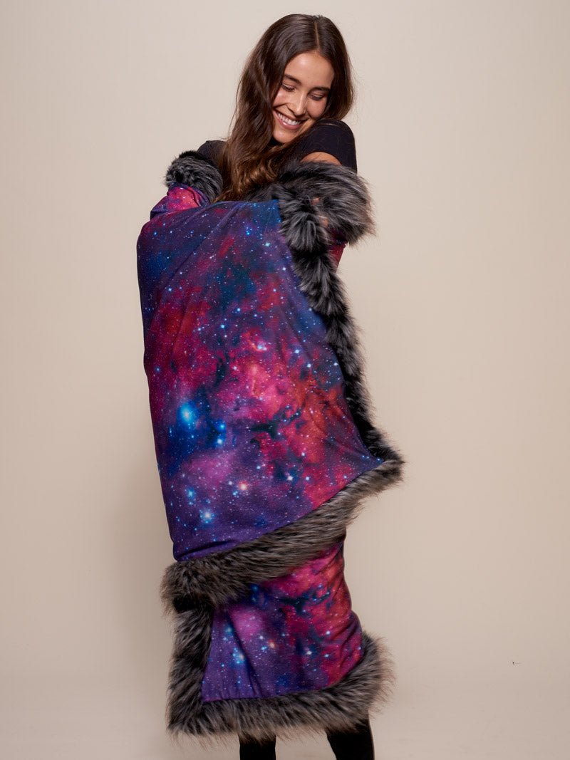 Woman Wrapped in Limited Edition Night Fox Galaxy Faux Fur Throw 