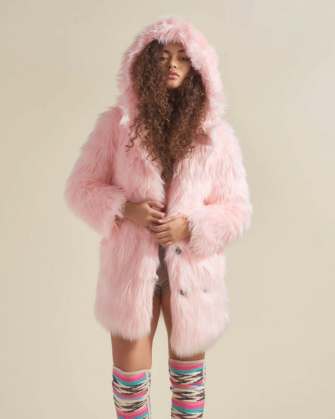 Hooded Women's Pink Faux Fur Coat | Flamingo Wolf | Made-To-Order