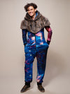 Man wearing faux fur Grey Wolf Galaxy Onesie SpiritHood, front view 1