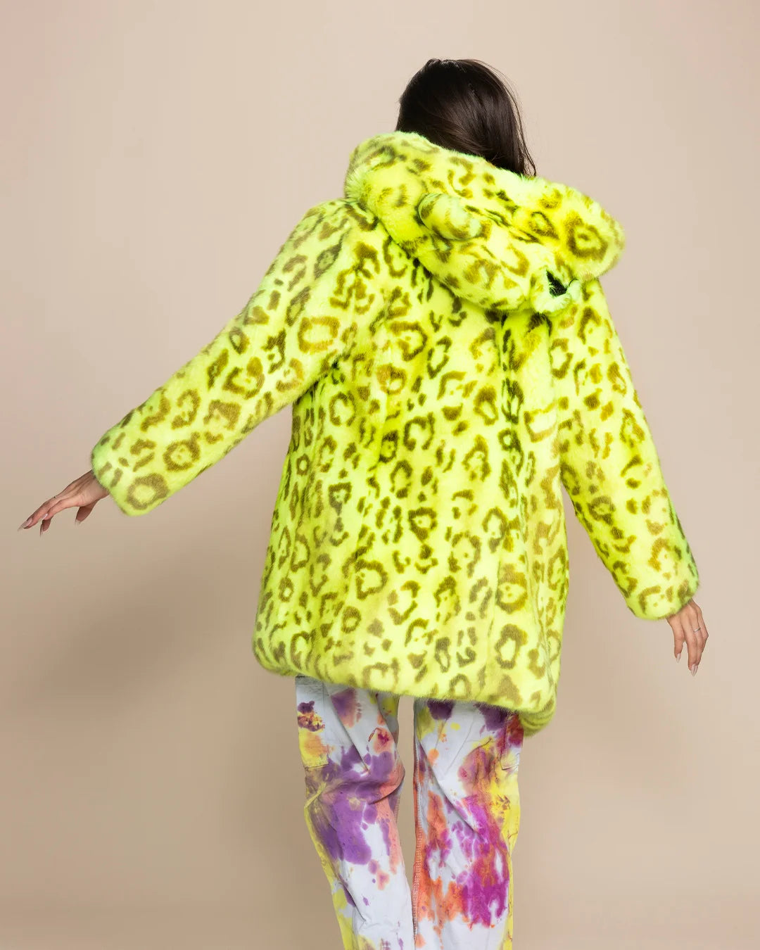 SpiritHoods women's Neon yellow Leopard Luxury coat with classic hooded design and plush colorful animal print