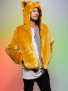 Man wearing faux fur Golden Wolf Luxe Classic Bomber Jacket, side view 1