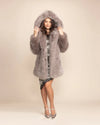 Women's Luxury Fake Fur Coat in Grey Fox style, showcasing peacoat button details and soft plush texture.