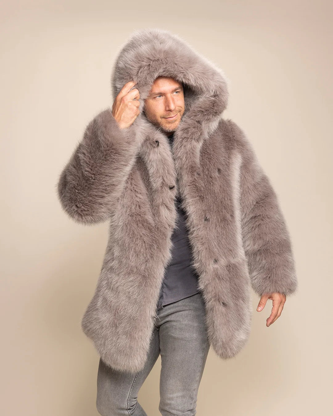 Top-rated festival fashion for men: The Grey Fox plush fake fur coat with an oversized hood and relaxed silhouette