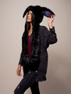 Woman wearing faux fur Black Bunny GOA Collector SpiritHood, side view 2