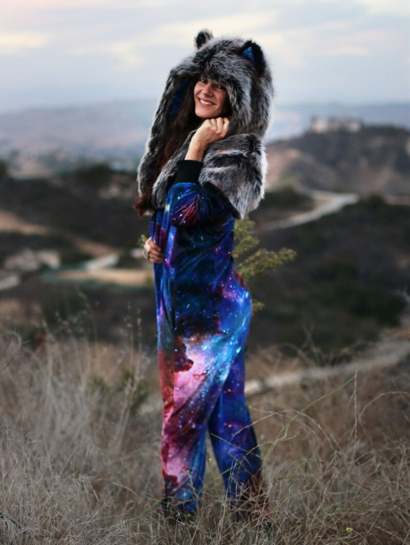 Grey Wolf Galaxy Onesie Faux Fur SpiritHood