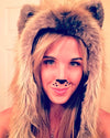A Woman wearing SpiritHoods Red Fox Faux Fur Hood with painted black nose and whiskers. Easy Halloween Costume Ideas for Women. Halloween Outfits and Halloween Costumes.
