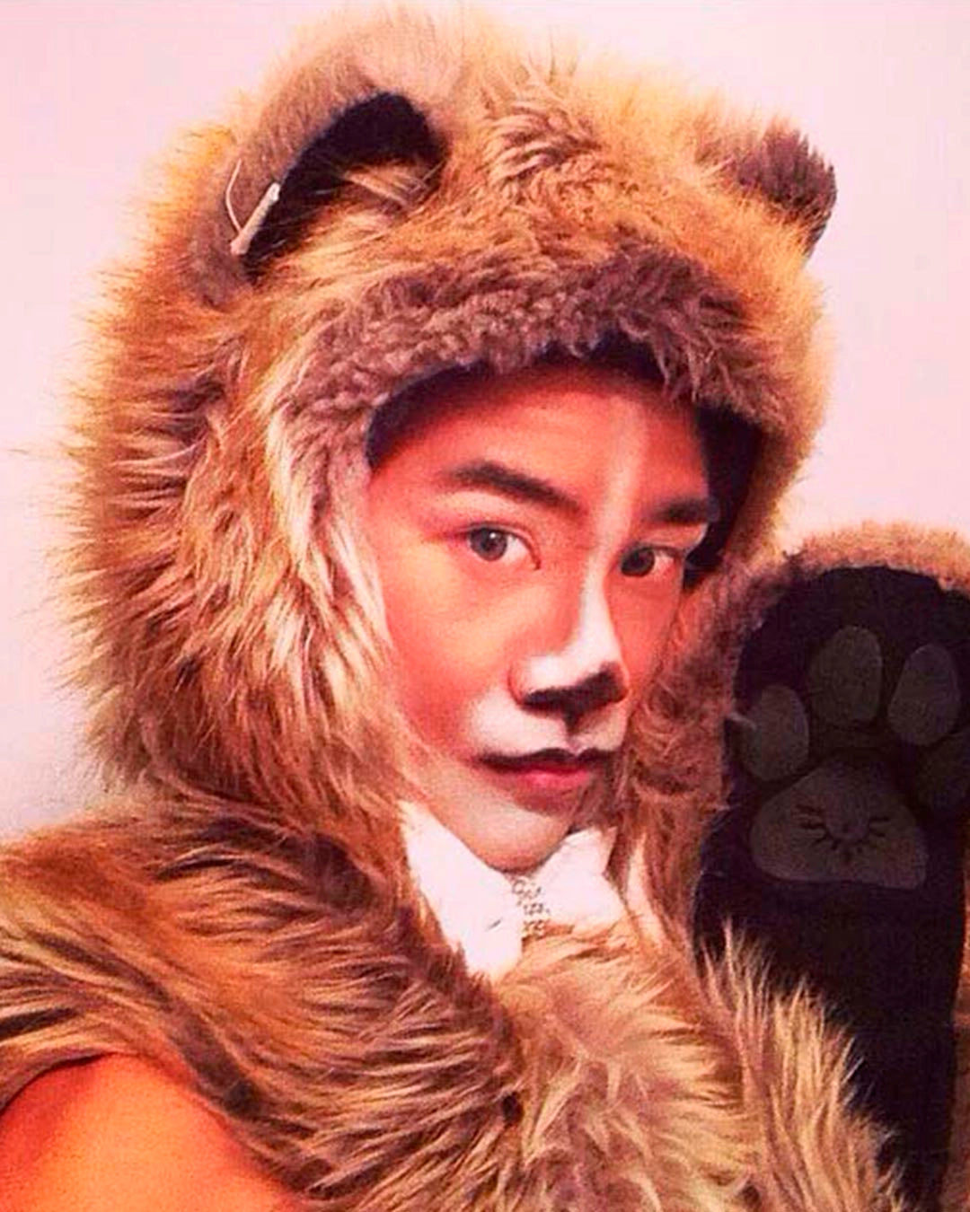 A Man Wearing SpiritHoods Red Fox Fake Fur Hood with Fox Face make up - easy halloween outfits halloween costume ideas for men