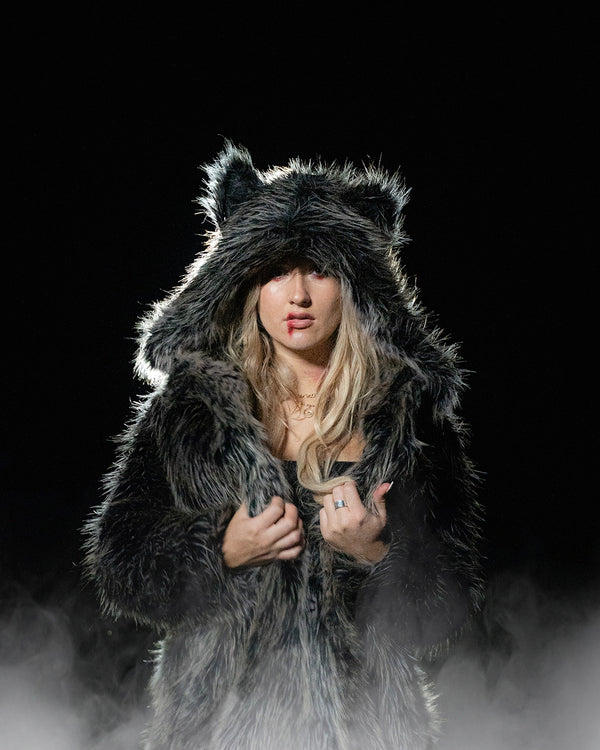 Grey Wolf Womens Grey Jacket With Fur Hood Faux Fur Coat Womens