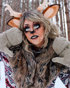 A Women with fawn make up on wearing SpiritHoods Dire Wolf Shawl - easy halloween costume ideas