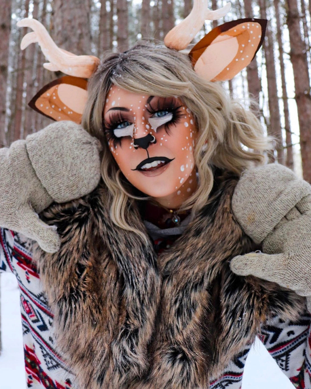 A Women with fawn make up on wearing SpiritHoods Dire Wolf Shawl - easy halloween costume ideas