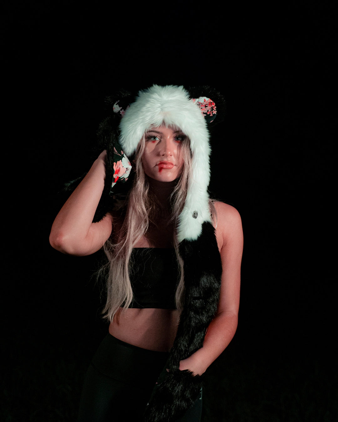 SpiritHoods Panda Bear Halloween Costume Inspiration Two Girls Eating Cotton Candy At the Pier Wearing SpiritHoods Panda Bear Fake Fur Hoods - With Painted on Nose and Black Lipstick