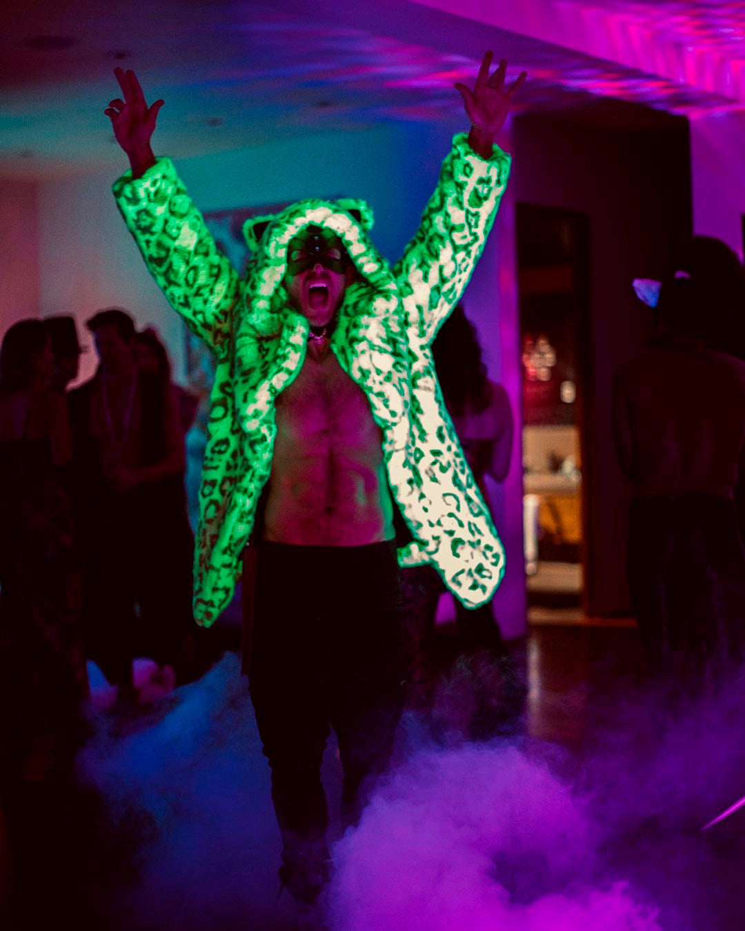 Men's Faux Fur Coat With Hood | Neon Green Leopard - SpiritHoods Men's Faux Fur Coat With Hood | Neon Green Leopard - SpiritHoods