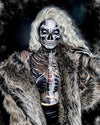Woman wearing SpiritHoods Grey Wolf Classic Fake Fur Jacket with the hood off, showing painted skull make up - halloween costume ideas featuring SpiritHoods  women's fake fur coats