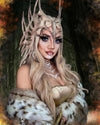 A Woman in fantasy costume with elaborate marvel style warrior headpiece and SpiritHoods Siberian Snow Leopard Fake Fur Coat against a forest background. Halloween Costumes. Halloween Make Up and Costume Ideas.