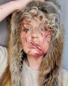 A Woman wearing SpiritHoods Red Fox Fake Fur Hood with fake scratches on her face - realistic halloween make up, halloween costume ideas. Halloween Outfits and Halloween Costumes