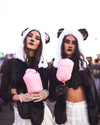SpiritHoods Black and White Classic Panda Bear Fake Fur Collector Edition Hood with Cherry Blossom Flower Liner - Featuring Two Girls Eating Cotton Candy in Matching Black Shirts, White Skirts and Panda Bear SpiritHoods, Easy Halloween Costumes For All Ages 
