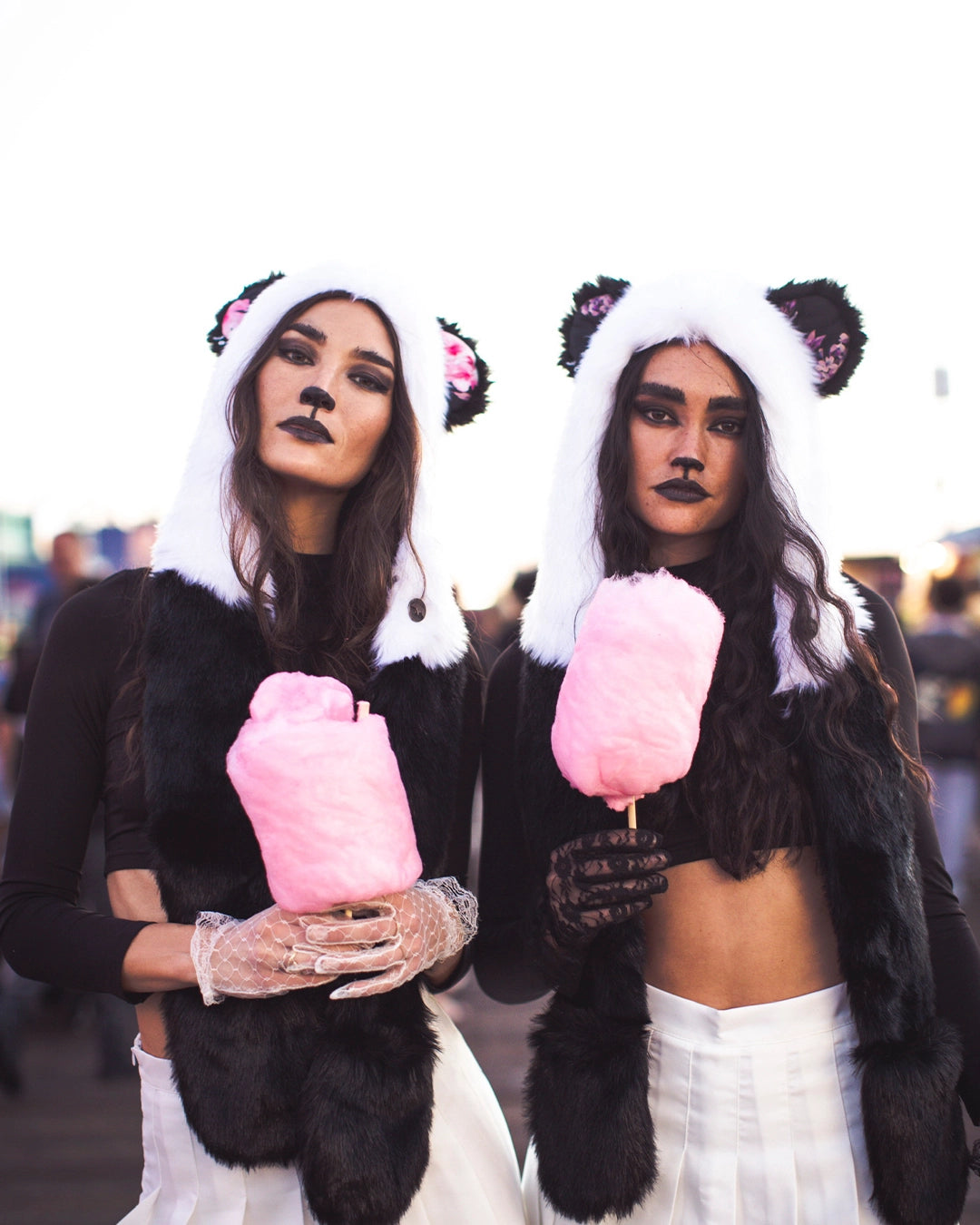 SpiritHoods Black and White Classic Panda Bear Fake Fur Collector Edition Hood with Cherry Blossom Flower Liner - Featuring Two Girls Eating Cotton Candy in Matching Black Shirts, White Skirts and Panda Bear SpiritHoods, Easy Halloween Costumes For All Ages 