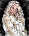  A Woman with white and brown skull make up painted on her face, wearing SpiritHoods Siberian Snow Leopard Faux Fur Jacket. Easy Halloween Make Up Ideas and Halloween Costumes