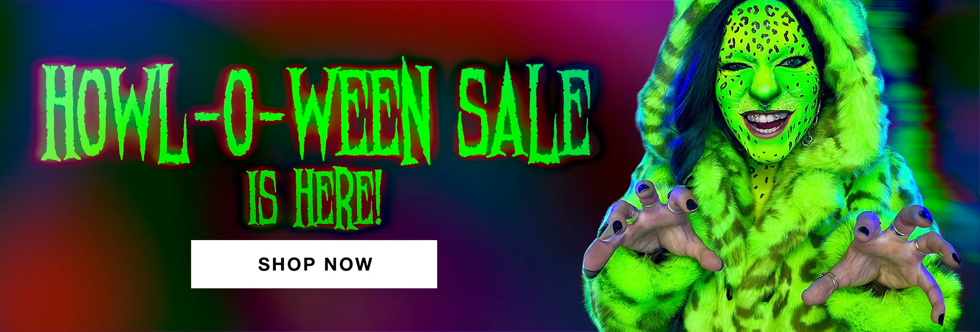 Promotional banner for a 'Howl-o-ween Sale' with a person in a green costume and mask.