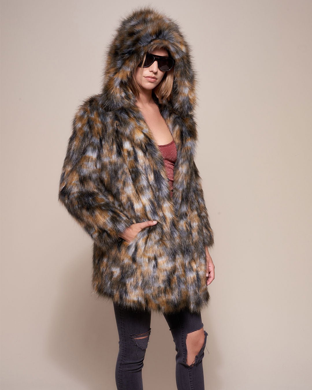 Brindle Wolf Hooded Faux Fur Coat on Female