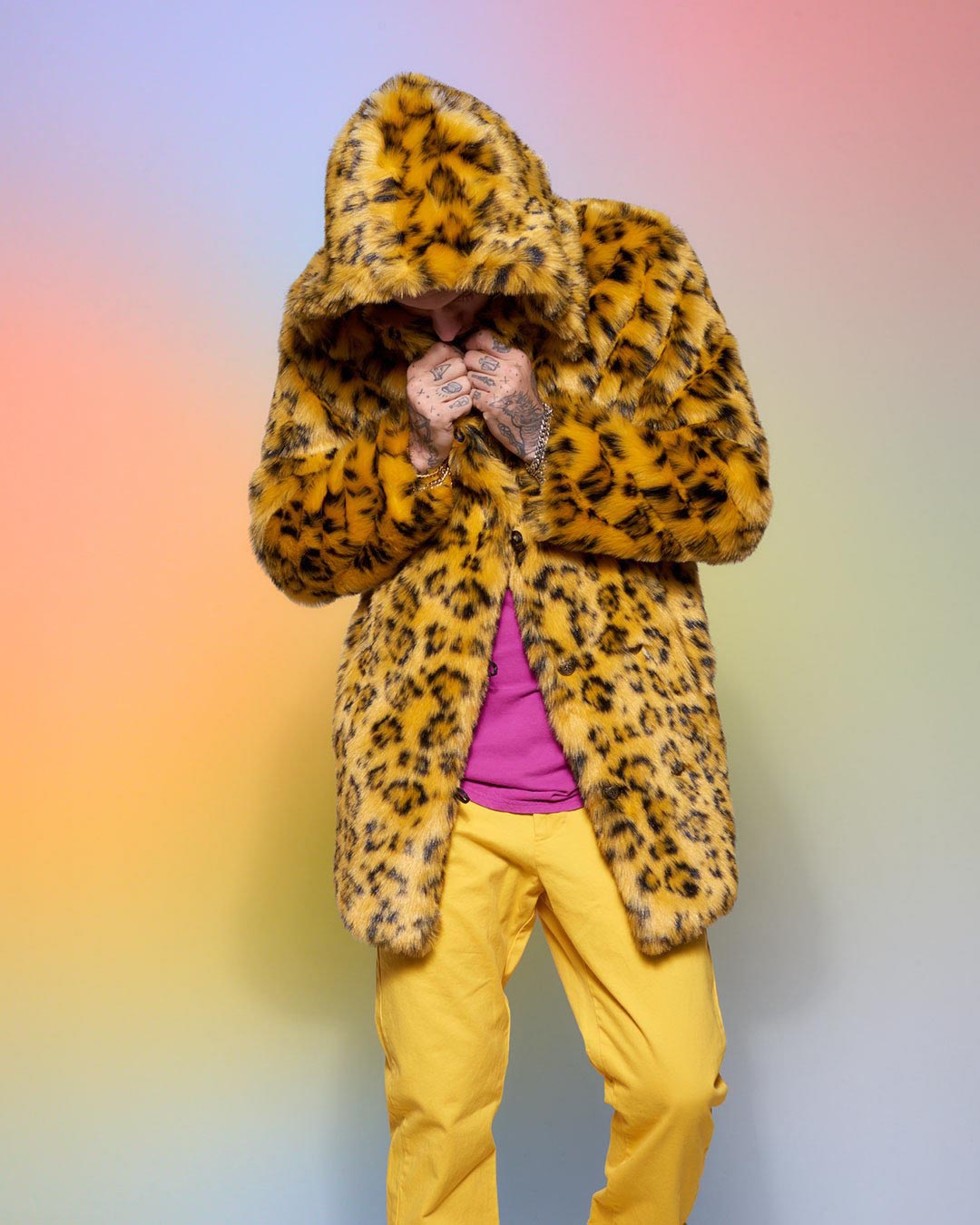 Man wearing Yellow Cheetah Hooded Faux Fur Coat