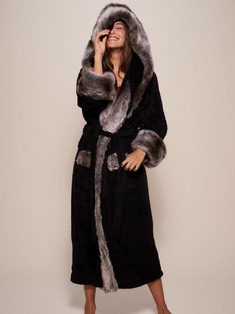 Wolf Print Robe Faux Fur Robe Womens Plush Hood Ears Glamour Black Grey Wolf Trim ...