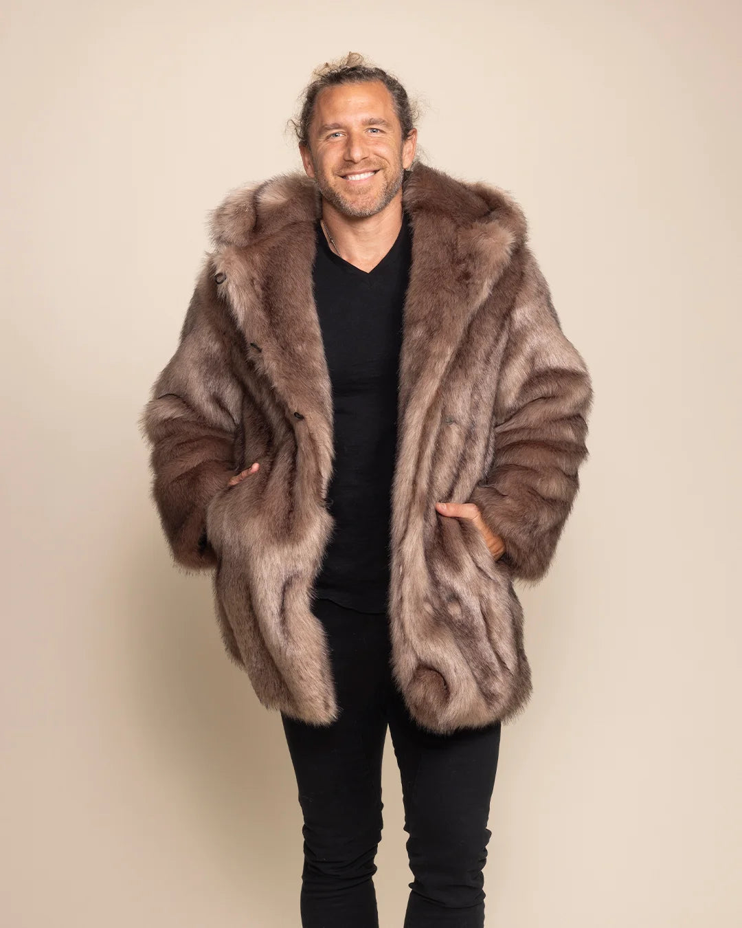 High-end streetwear animal-inspired faux fur jacket for men with a relaxed fit and 2 outer pockets and inner stash pockets.