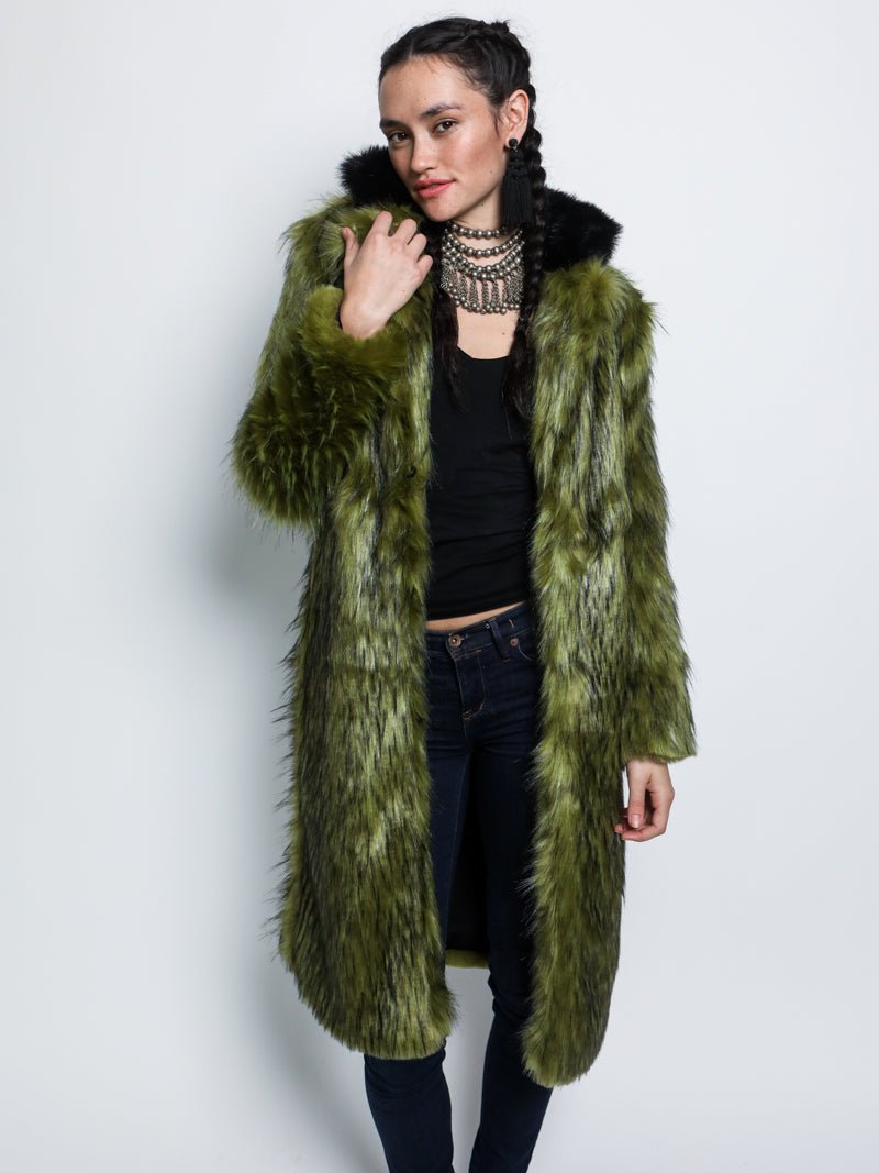 Green and Black Jade Fox Faux Fur Calf Length Coat on Female