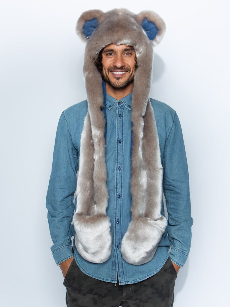 Man wearing faux fur Koala Collector Edition SpiritHood