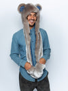 Man wearing faux fur Koala Collector Edition SpiritHood, side view 3