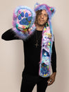 Man wearing faux fur Lora Zombie Cotton Candy Kitten SpiritHood, front view 1