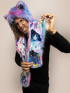 Man wearing faux fur Lora Zombie Cotton Candy Kitten SpiritHood, side view