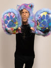 Man wearing faux fur Lora Zombie Cotton Candy Kitten SpiritHood, front view
