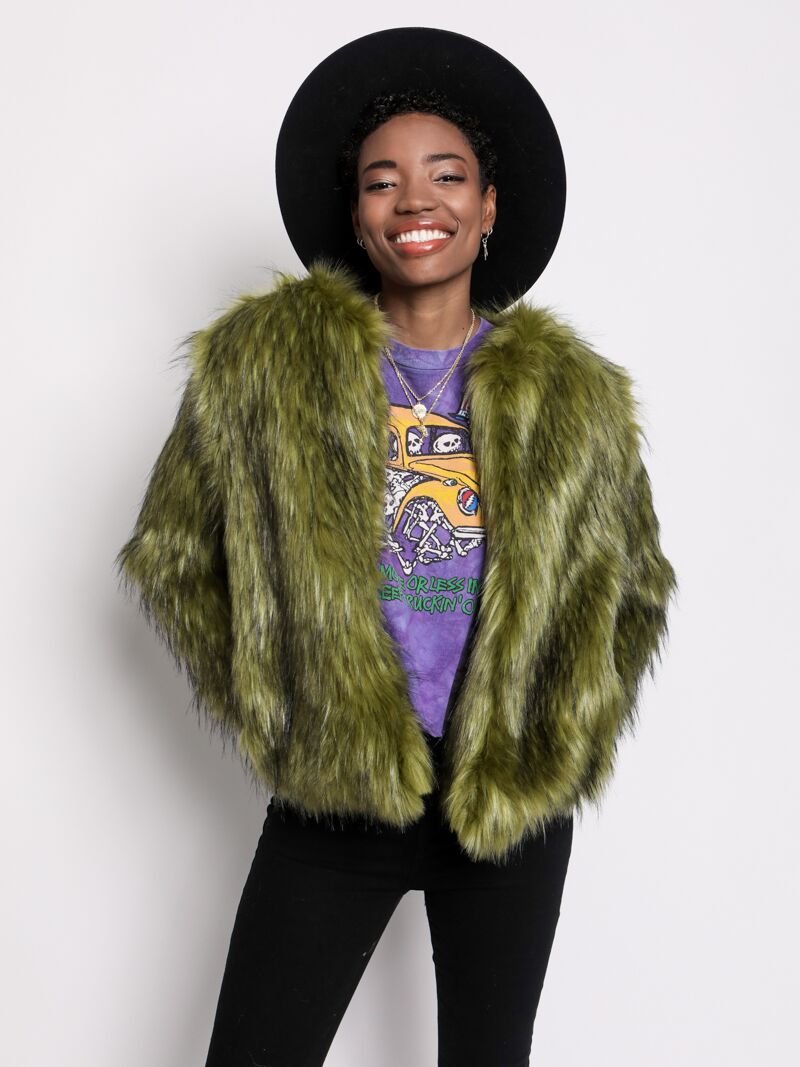 Faux Fur Bomber Jacket Womens Fluffy Rave Punk Green Jade Fox