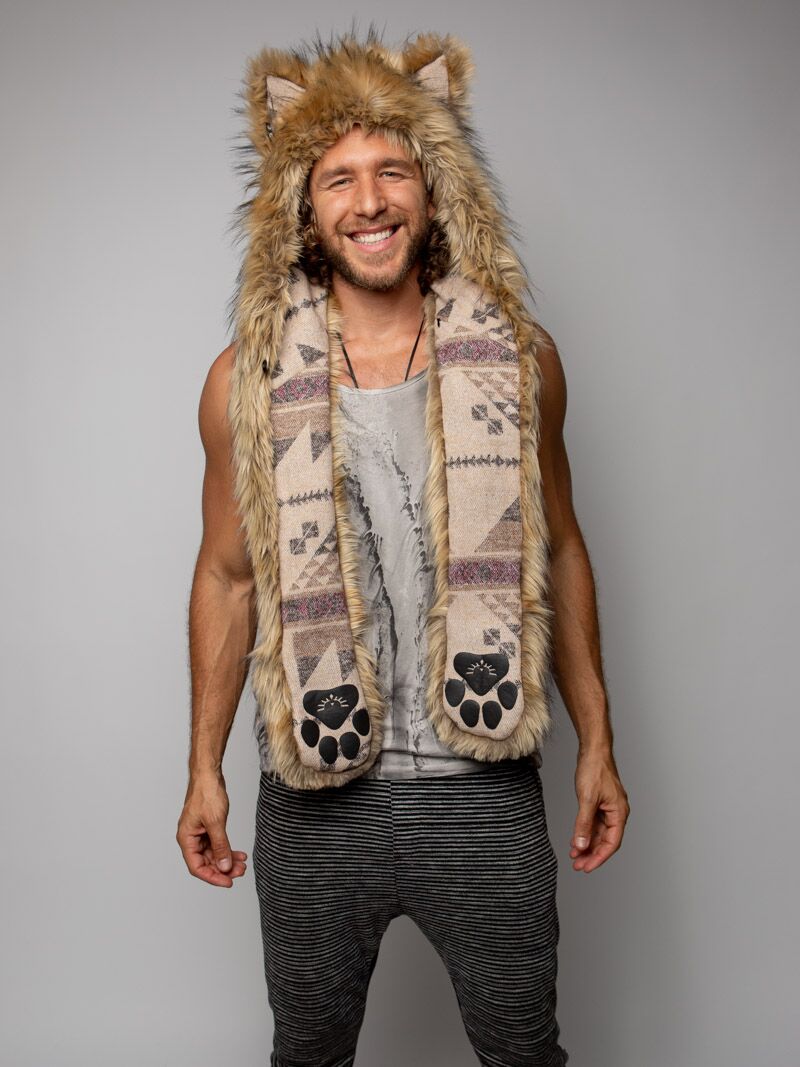 Man wearing faux fur Limited Edition Golden Jackal SpiritHood
