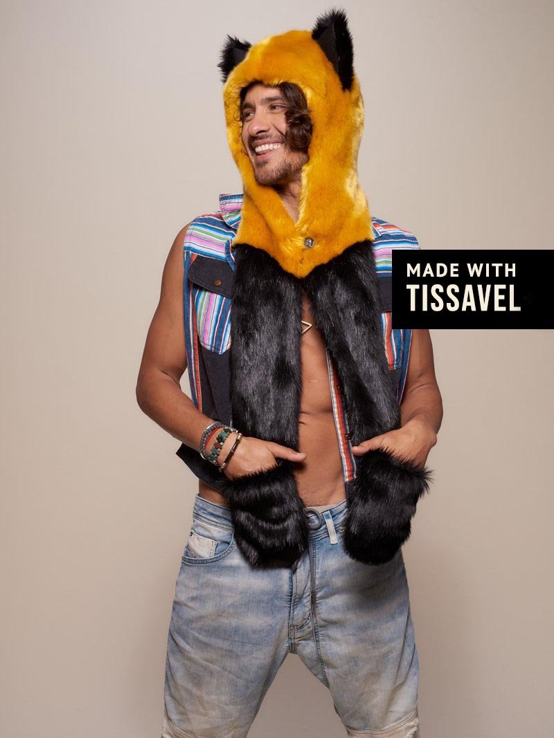 Man wearing Collector Edition Golden Wolf Luxe Faux Fur SpiritHood